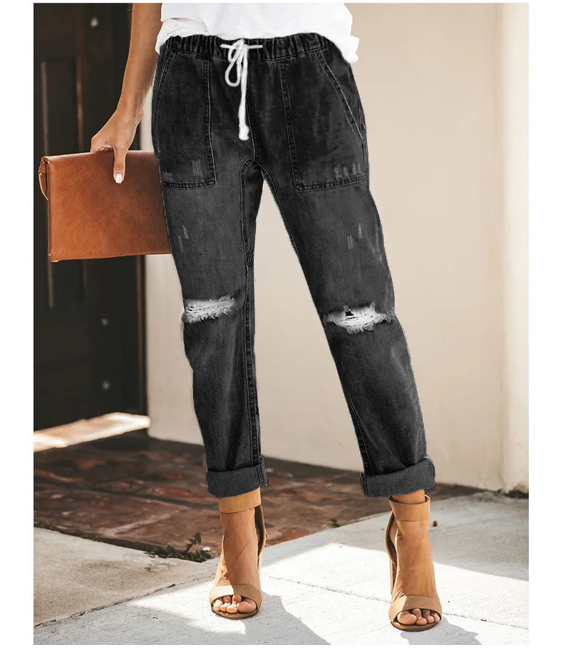 Jeans Woman Elastic Waist Fashion Straight Ripped Plus Size Jeans Women 2020