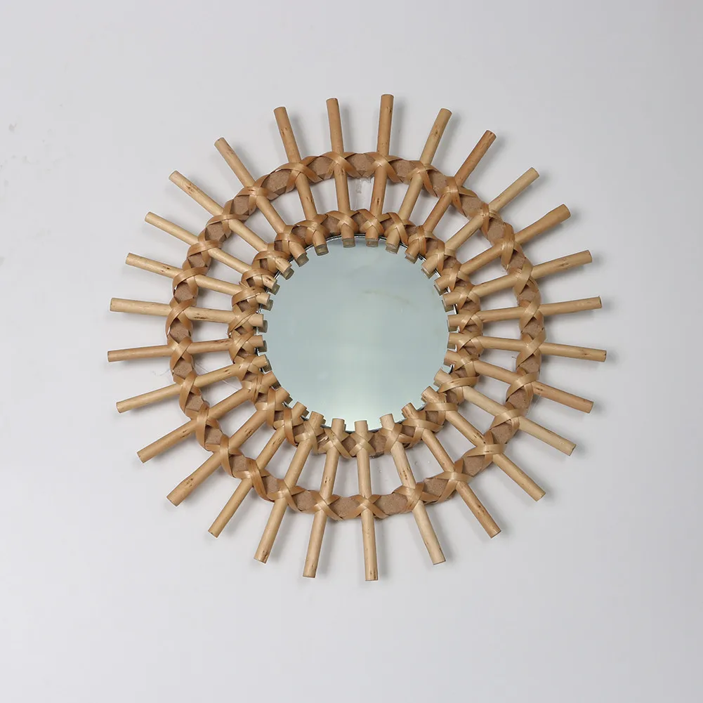 Rattan Mirror Innovative Art Decoration Round Makeup Mirror Dressing Bathroom Nordic Primary Color Wicker Wall Hanging Mirror