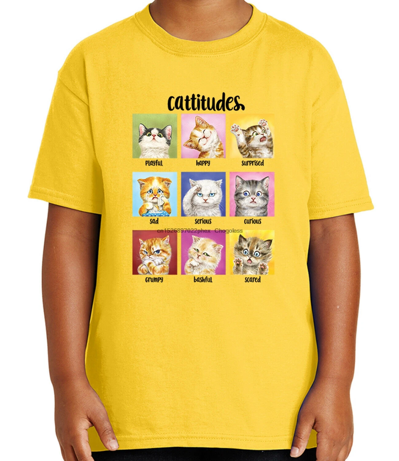 Cattitudes Kid's T-shirt Happy surprised sad curious Cat Tee for Youth 2100C 
