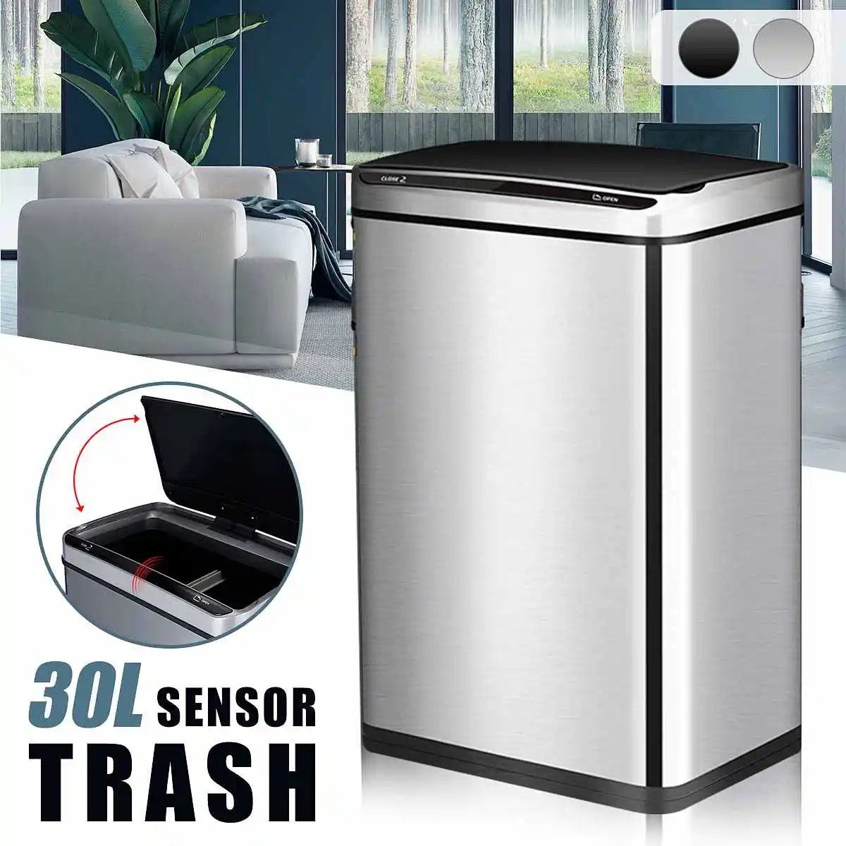 

30L Stainless Steel Automatic Touchless Sensor Trash Can Dustbin Kitchen 2-Cells Rubbish Waste Bin Kitchen Trash Bins