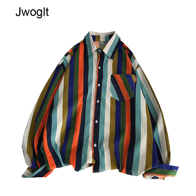

Autumn Winter High Quality Korean Fashion Corduroy Mens Shirts Casual Loose Rainbow Striped Button Up Long Sleeve Shirt