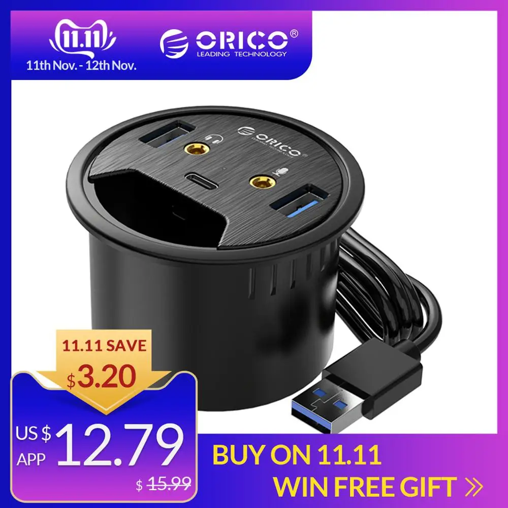 Kaufen ORICO Desktop Tülle USB 3.0 HUB Mit Kopfhörer Mikrofon Port Typ C HUB OTG Adapter Splitter Für Laptop Zubehör