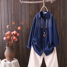 Плюс Размер 2XL-4XL женская блузка винтажная вышивка, длинный рукав топы