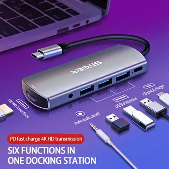 

Stiger 6 In 1 USB Type-C Hub Adapter With USB C To 4K HHMI 3 USB 3.0 Ports PD Fast Charger 3.5mm Audio Jack For MacBook Pro Air