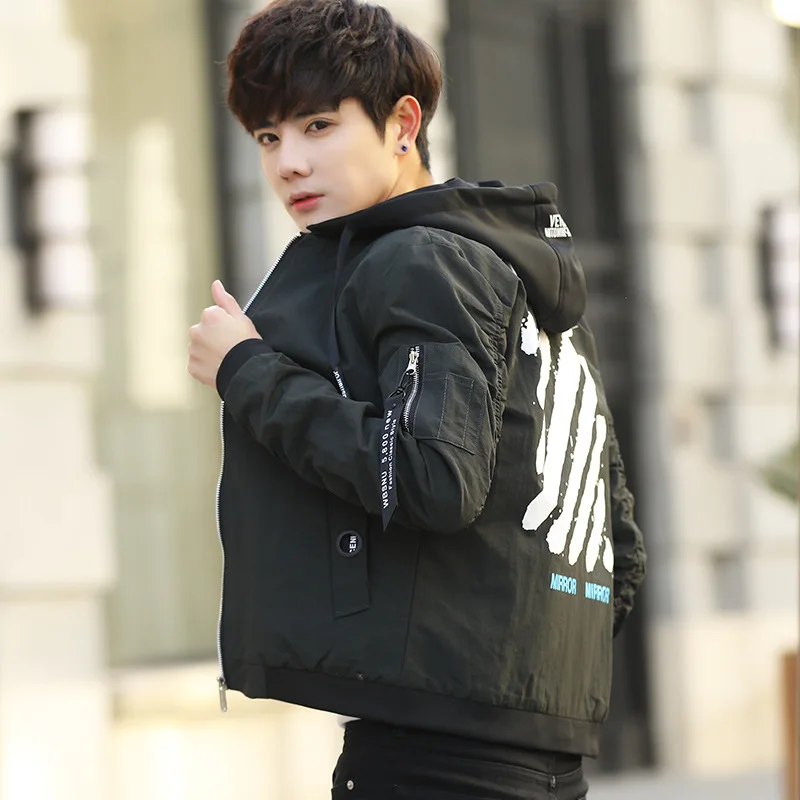 

Spring And Autumn New Style Men Hooded Printed Slim Fit Coat Youth Origional Hong Kong Style Versatile Jacket Men's