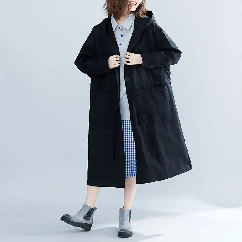 

New Women Oversized Jacket Coat Hooded Single Breasted Drawstring Waist Loose Casual Long Coat Female Autumn Long Outwear Black