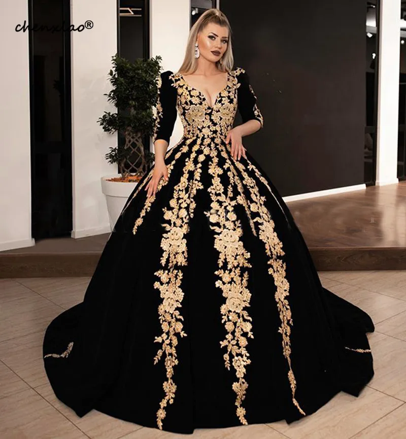 Long-Evening-Dresses-2019-Gorgeous-Ball-Gown-34-Long-Sleeve-V-neck-Arabic-Gold-Lace-Velvet