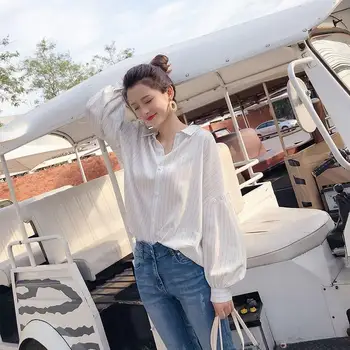 

Fashion Fall 2019 Office Turn Down Collar Shirt Lady Lantern Sleeve Striped Blouse Button Long Sleeve Women Shirt
