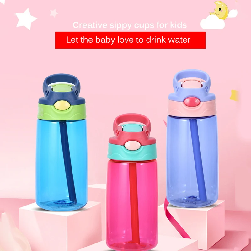 

New 450ML 4 Colors Baby Water Bottles Infant Newborn Cup Children Learn Feeding Straw Juice Drinking Bottle Free for Kids