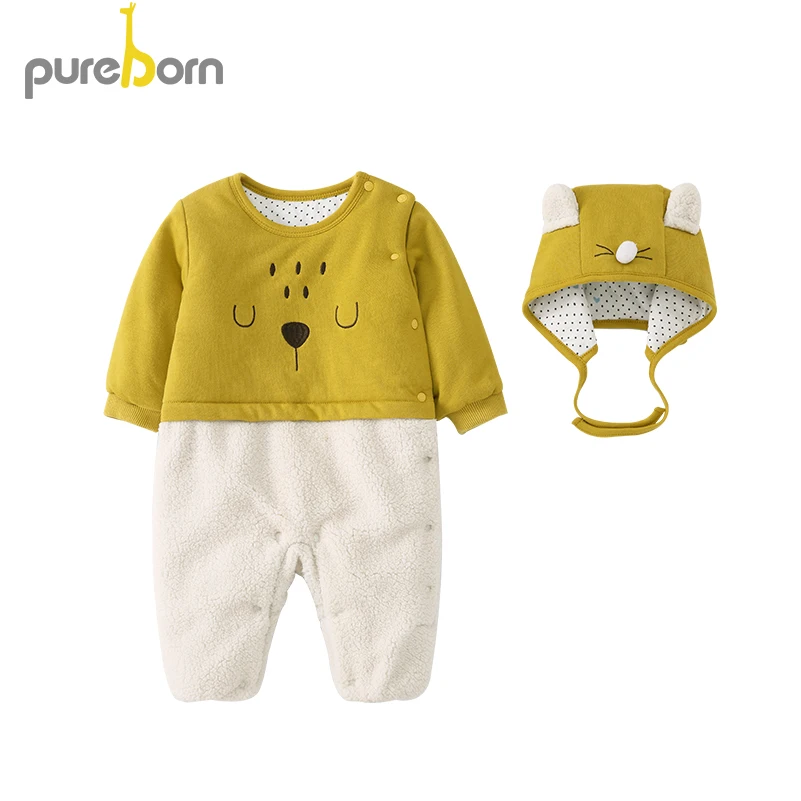 Pureborn/флисовый комбинезон+ шапка; комплект из 2 предметов; Одежда для новорожденных мальчиков и девочек; ползунки; комбинезон для младенцев; комплекты одежды; сезон зима-весна - Цвет: yellow