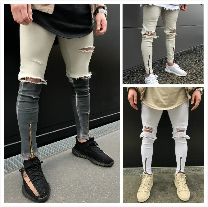 

Men's High Street Stretch Jeans Slim feet zipper hole jean Europe America fashion khaki multicolor Pants