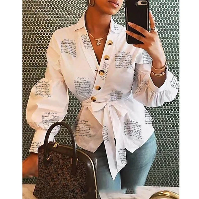 

Autumn Women Top Tee Female Turn Down Collar Long Sleeve Casual Printing Tops Pagoda Sleeve Button Decorate Slash Shirt Female