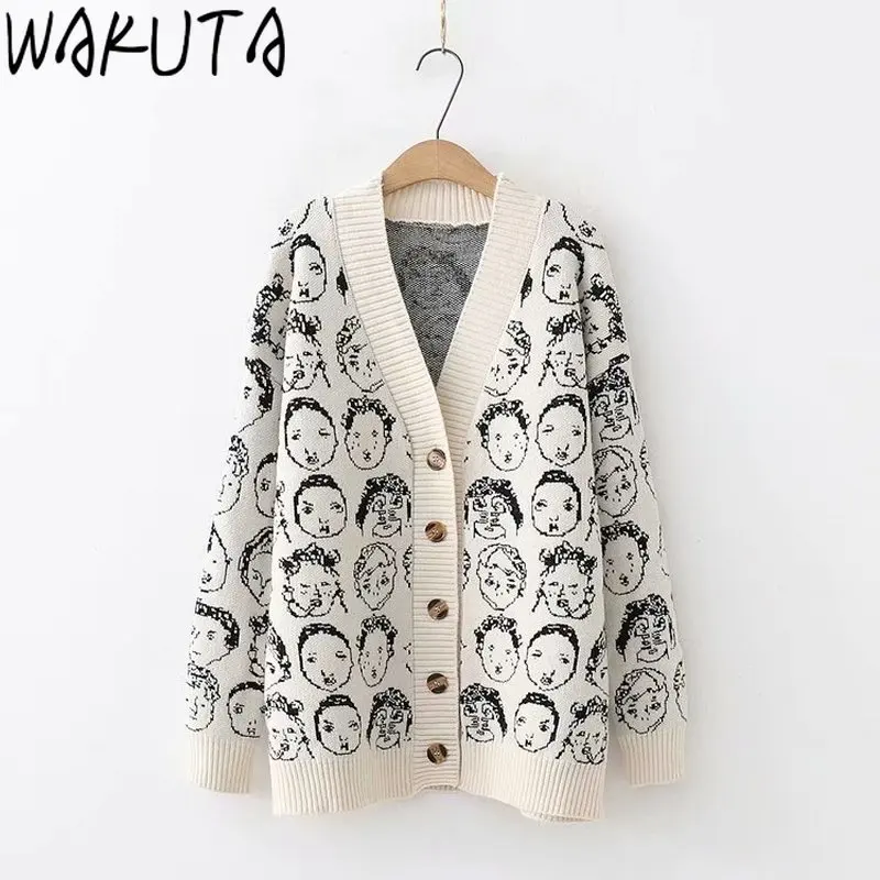 WAKUTA New Funny Cartoon V Neck Cardigan Female 2020 Knitwear Japanese Fall Winter Casual Loose Knit Jacket Sweater for Women |