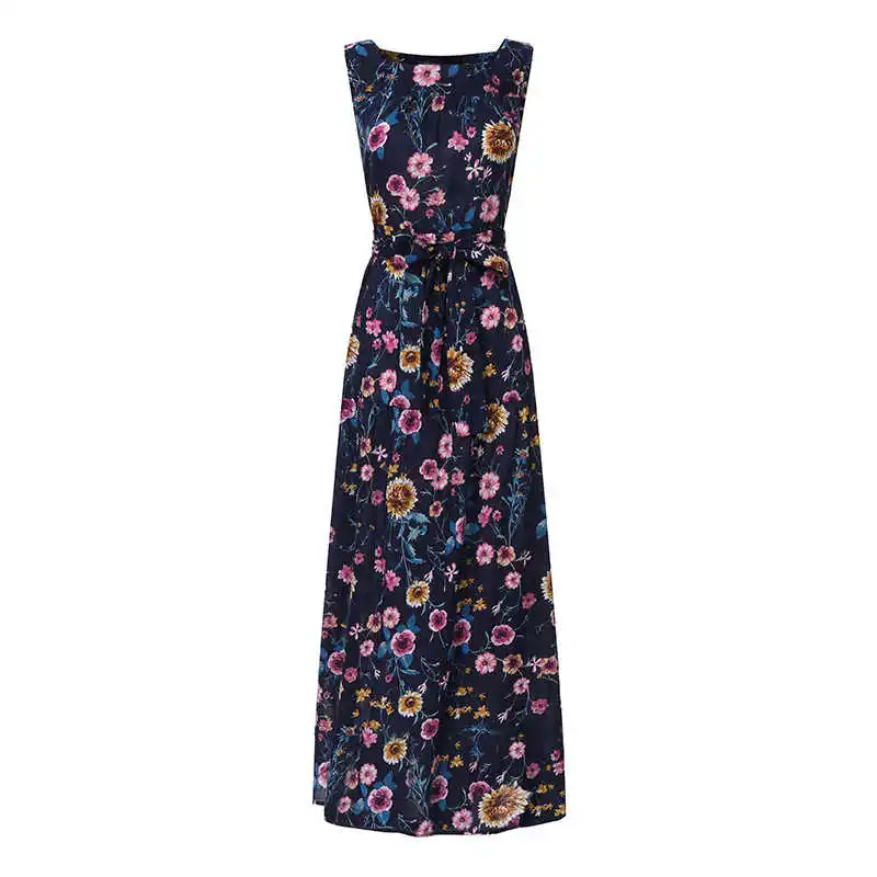 Navy Printed Модное Макси платье на бретелях, женский сарафан с оборками,, ZANZEA, Женские Повседневные Вечерние платья, женское платье размера плюс, богемное платье с поясом - Цвет: Navy Printed