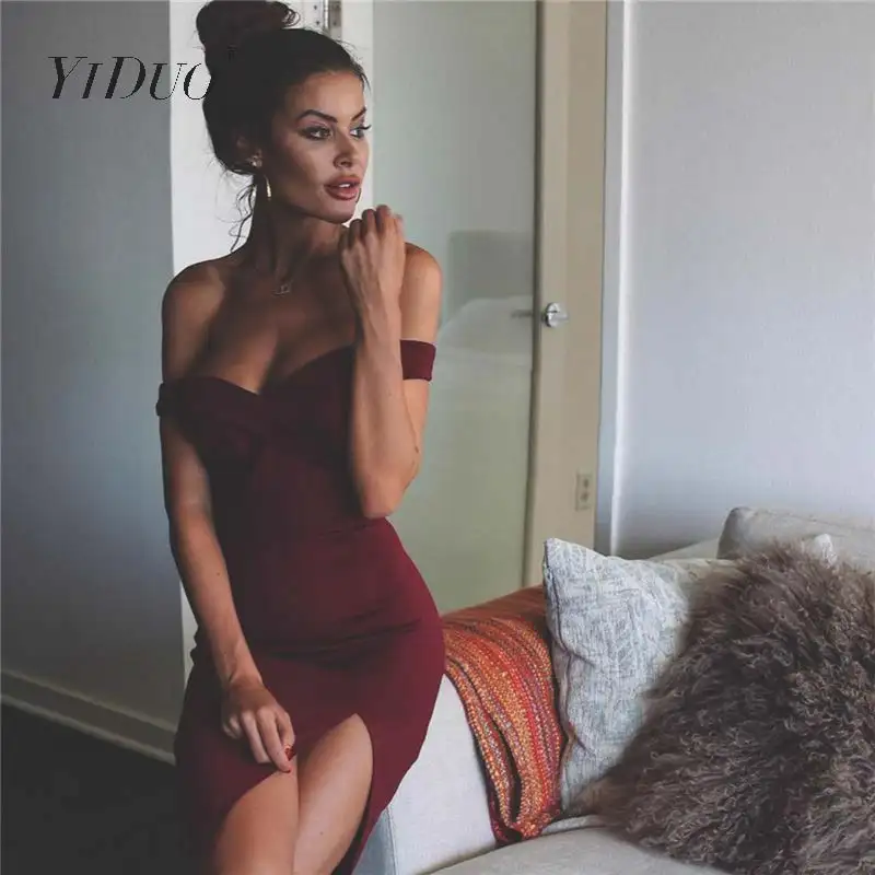 YiDuo элегантные женские платья с открытыми плечами мини Клубные вечерние Бордовые