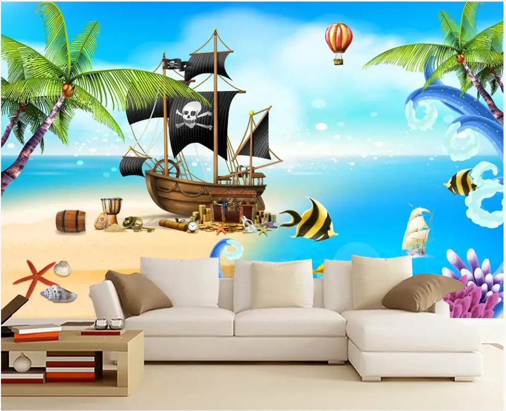 

custom mural wallpaper 3d Cartoon pirate ship beach coconut tree landscape home decor photo Wallpaper in the living room