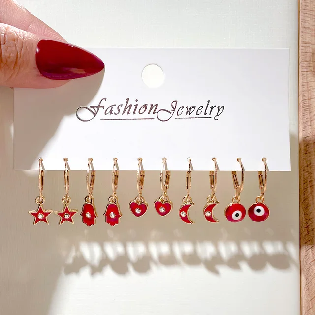 Flatfoosie 5Pair Pink Blue Heart Butterfly Drop Earrings Set For Women Boho Cute Star Moon Eye Dangle Earring 2022 Trend Jewelry 157907RD