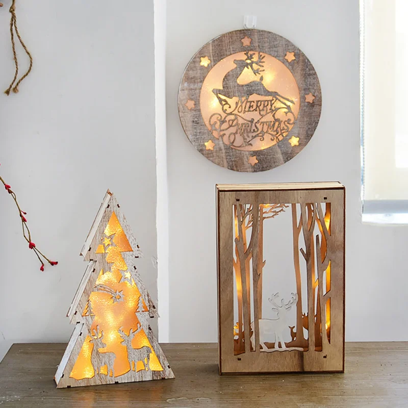 

Small Christmas Wooden Hollow Ornament With LED Light Luminous Xmas Tree Hanging Pendant Holiday Decor