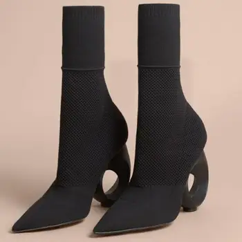 

New Black apricot Pointed Toe Strange Heel Knitted Ankle Boots Elastic Wool Mesh Stretch Short Booties Slip On Shoes Woman