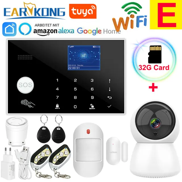 Wifi GSM Alarm System 433MHz Home Burglar Security Alarm Wireless Wired Detector RFID Touch Keyboard Temperature Humidity Alexa E