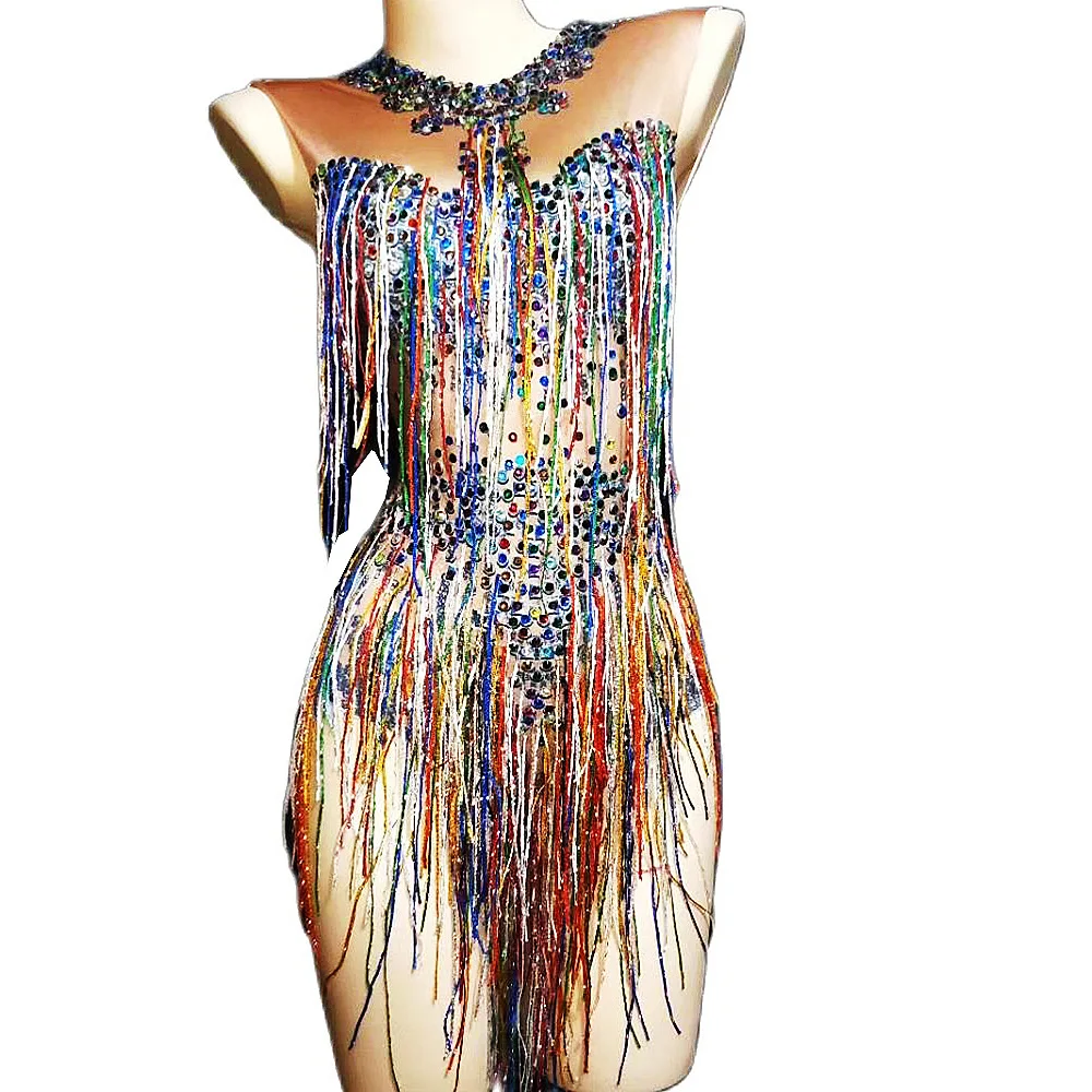 スパークリング色のラインストーンフリンジ女性ボディスーツナイトクラブパイルダンス衣装歌手ダンサーのパフォーマンスステージの摩耗