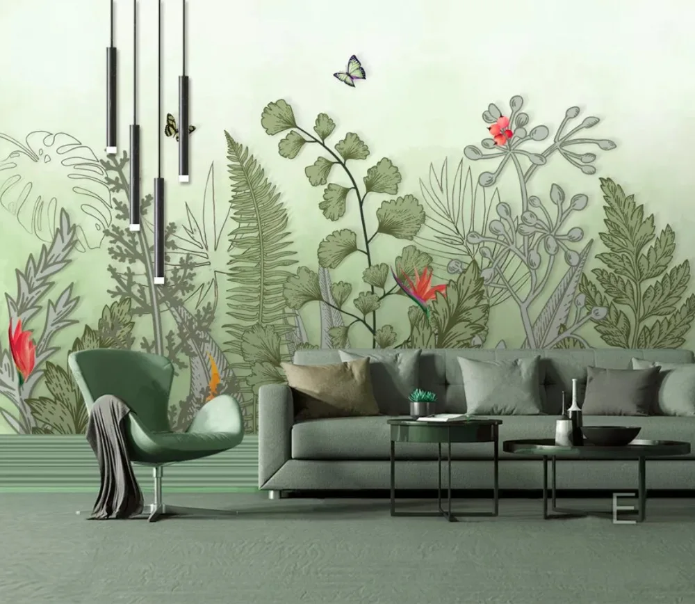 Обои на заказ, Европейский современный минималистичный свежий зеленый Растительный фон, зеленое декоративное растение, Фреска, papel de parede