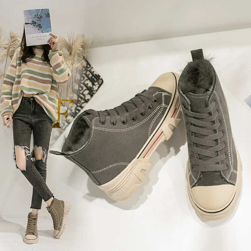 

Women's Winter plus Velvet 2019 Korean-style Students Versatile Flat High Shoes Casual Warm Cotton-padded Shoes Women's