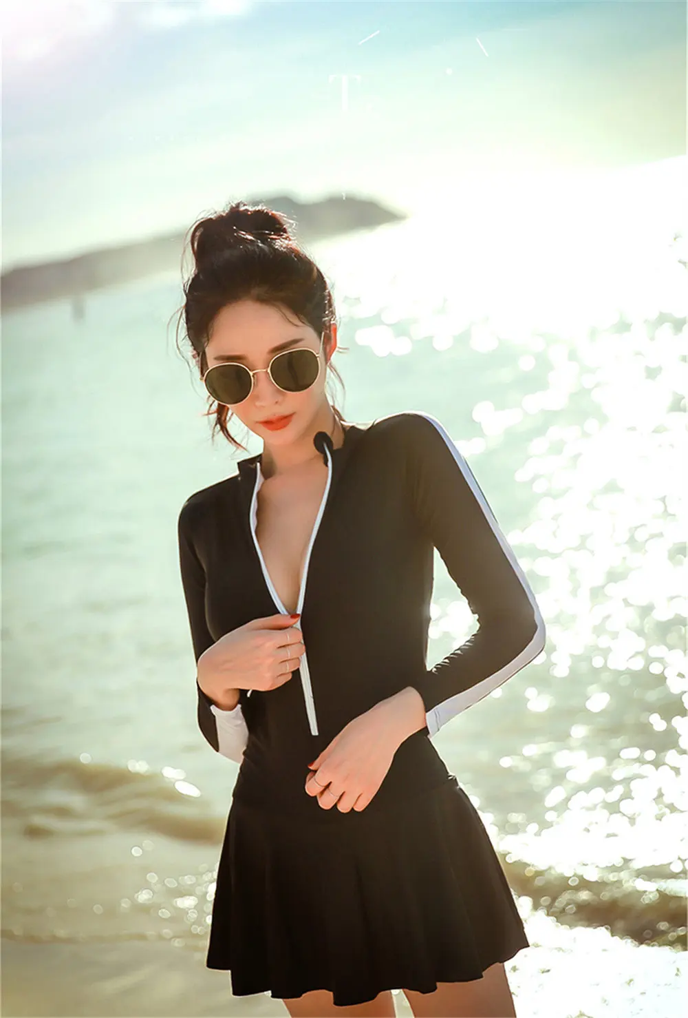 Skirted rhguard женский длинный рукав цельный купальный костюм плотная одежда для купания УФ Защита сёрфинга одежда молния Дайвинг рубашка черный коврик