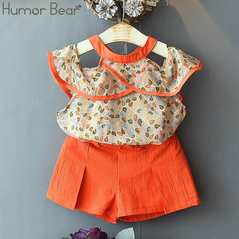 orange Humor Bear/комплект одежды для девочек; коллекция года; брендовая летняя модная футболка без бретелек с изображением листьев+ шорты; Детский комплект; одежда для маленьких девочек - Цвет: orange