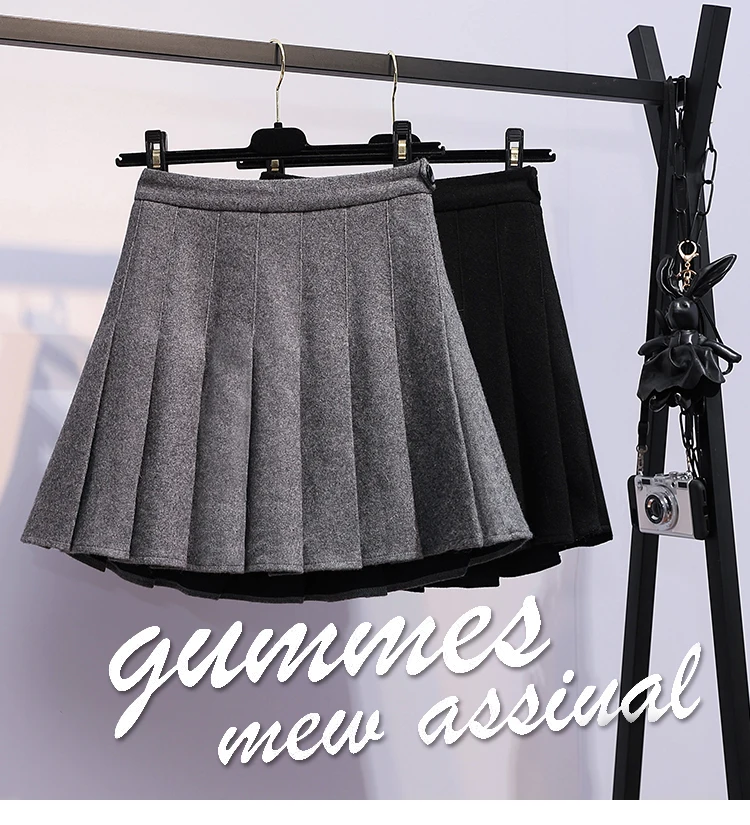 Плиссированные мини-юбки размера плюс 4XL с высокой талией, шерстяные серые плиссированные Корейские осенние зимние женские черные юбки