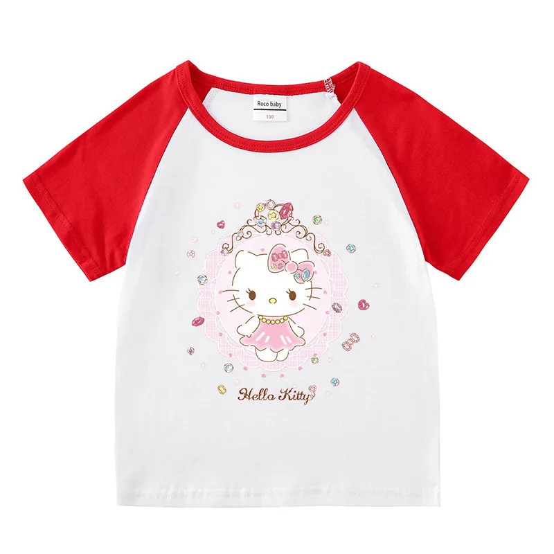 thumbnail image 1 of Hello Kitty algodón cuello redondo nueva camiseta de manga corta de verano para niños niñas niño camiseta raglán camisa de fondo bebé lindo dibujos animados Top, 1 of 5