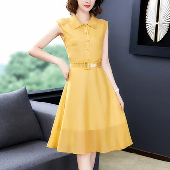 

Sleeveless Yellow Dress Sashes Ladies Dresses Office Lady Korean Dress Luxury Women Dresses Vestidos De Fiesta Summer Sundress