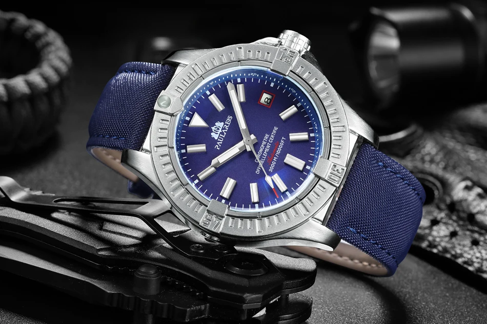 Automatic Self Wind Mechanical Black Bird Canvas Style Genuine Black Blue Leather Dial Date Luminous Luxury Men_voghion.com