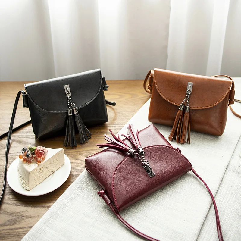 

2019 Spring And Summer New Style Oil Wax Leather Mini Small Square Bag Korean-style Tassels Mobile Phone Bag Versatile Crossbody
