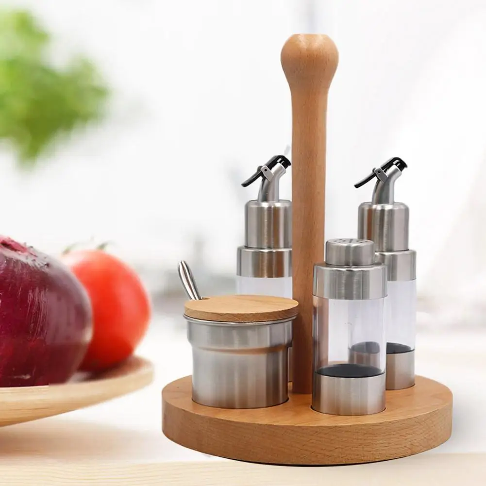 

5Pcs Wooden Holder Metal Cruet Condiment Spice Pepper Pot Rack Set Jar Box Seasoning Storage Container For Kitchen Cooking Tool
