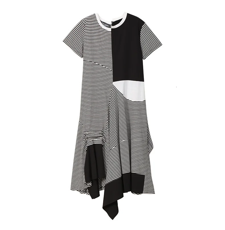 [EAM] Новое весенне-летнее платье с круглым вырезом и коротким рукавом в черную полоску, свободное асимметричное женское платье JX995