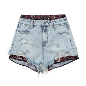 

WOMENGAGA 2020 Summer New Jeans Short Patchwork Button Pocket Elastic band Casual Hollow Out Sexy Tassel Vintage Patchwork A414