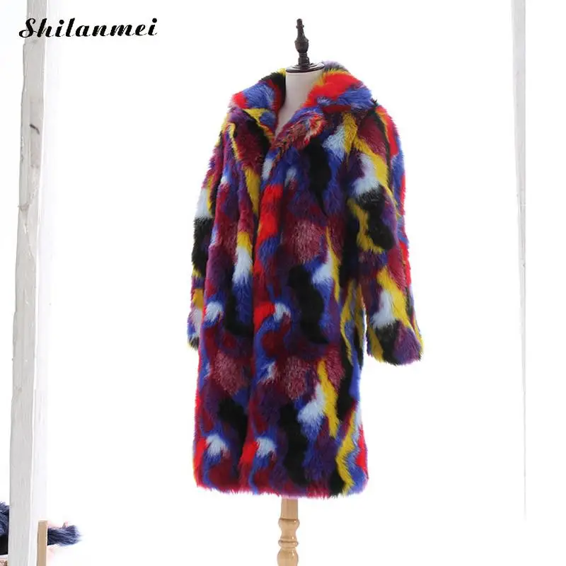Women Fashion Fluffy Faux Fur Coat Colorful Long Winter Fur Coat Long Sleeve Lapel Collar Plus Size Fur Jacket Streetwear