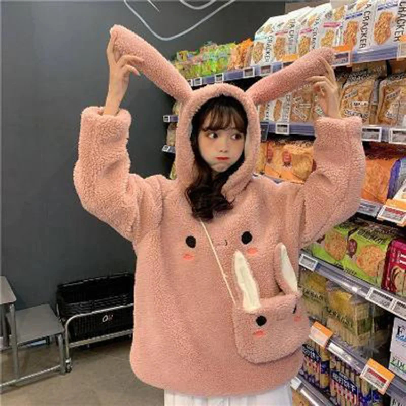 

Kawaii Lovely Velvet Long Sleeve Hooded Plush Coat Cartoon Anime Warm Lady Winter Sweatshirt Casual Oversized Rabbit Hoodie Girl