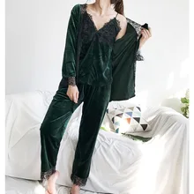 Осенние золотые бархатные комплекты из 3 предметов, комплекты халатов на бретельках, женский сексуальный кружевной халат, комплект для сна, ночная одежда без рукавов, домашняя одежда