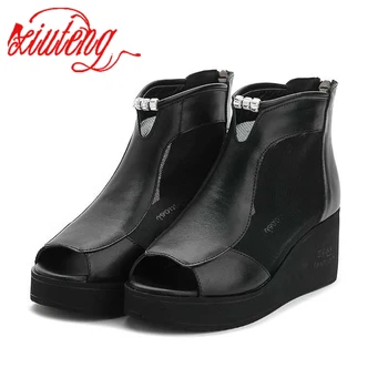

Xiuteng 2020 beautiful Fashion classic black Fish mouth wedge sandals summer new women's shoes rhinestones hollow net shoes