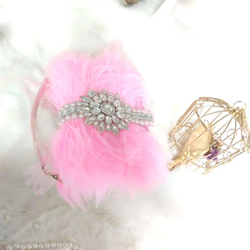 Women evening bag Luxury Real Ostrich Feathers Handbag Women's Pouch Purse Luxury Diamond Evening Party Clutch Bag