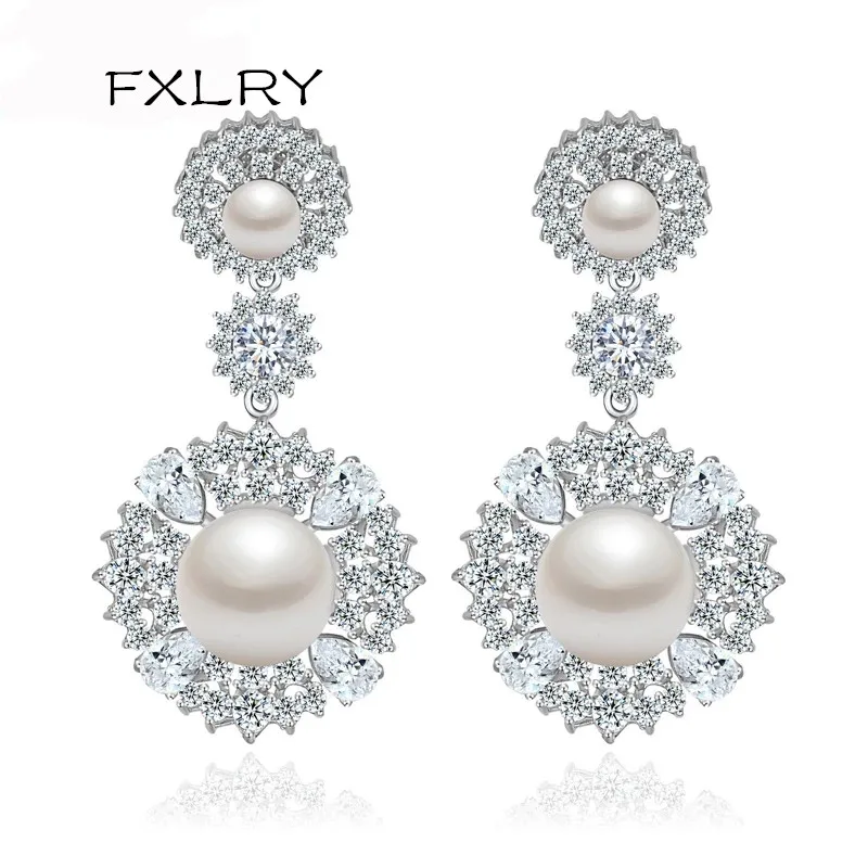 

FXLRY High Quality White Color Cubic Zirconia Round Drop Pendant Earring For Women Imitation Pearls Fashion Jewelry