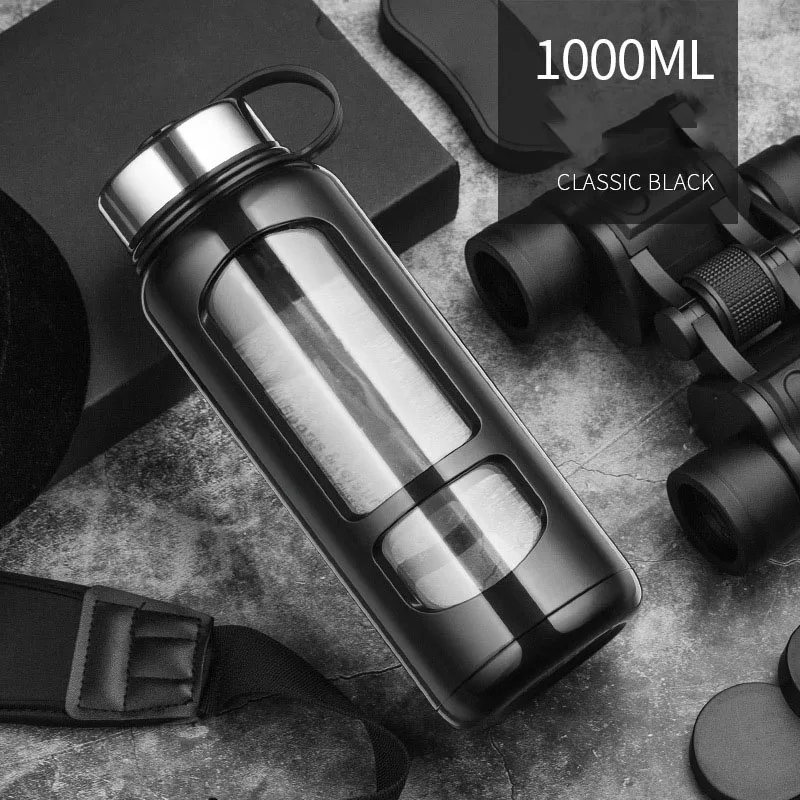 JOUDOO 700 мл 1000 мл портативные стеклянные бутылки для воды открытая космическая бутылка Спортивная бутылка для воды герметичная велосипедная альпинистская Подарочная 35 - Цвет: No wordsblack 1000ml