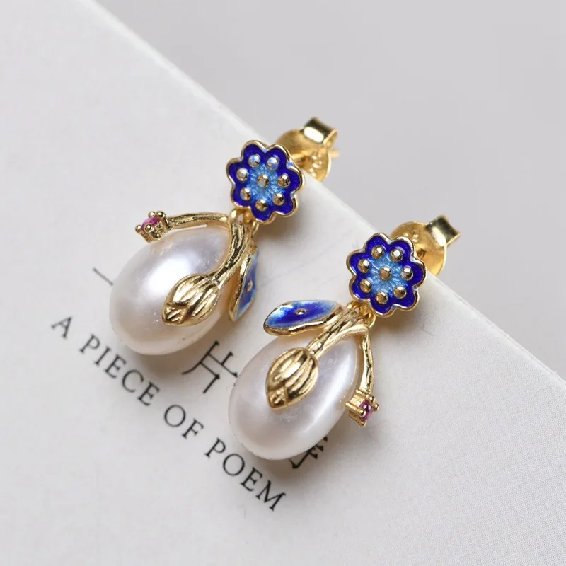 Cloisonne Пресноводный Жемчуг серьги цветок лотоса серебро 925 пробы Чистое Серебро S925