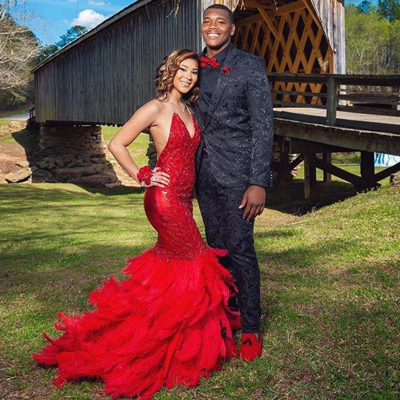 Sexy Red Halter Feather Prom Dresses Lace Appliques Backless Evening Party Gowns Long Special Occasion Dress | Свадьбы и торжества