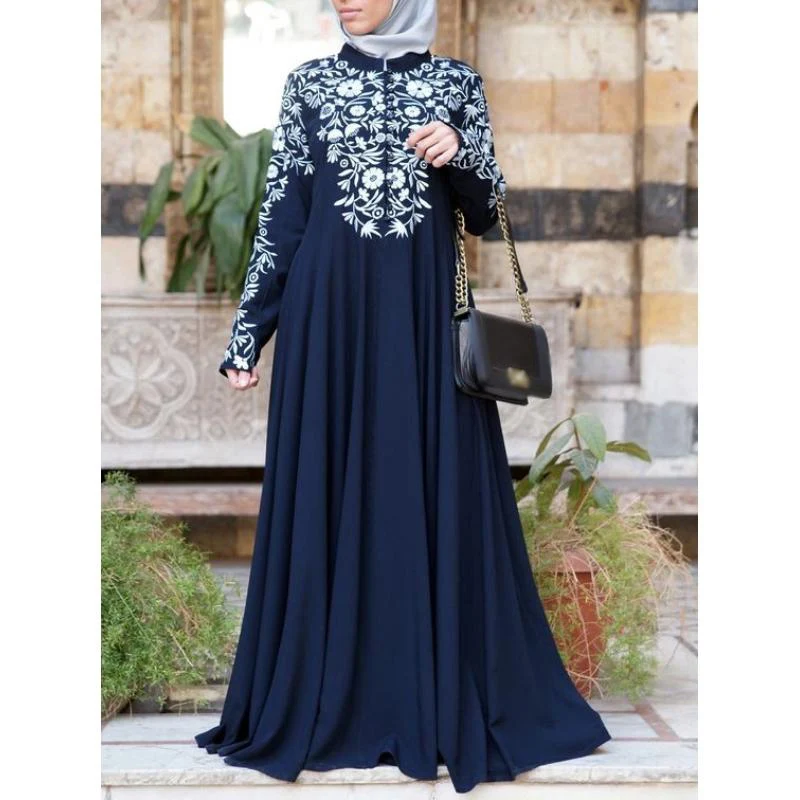 Dromiya Bangladesh abaya s кимоно для женщин Бурка арабский принт мусульманское платье Дубай абайя турецкий Кафтан Исламская одежда - Цвет: Navy Blue