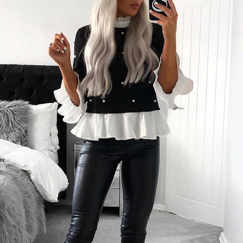 

Beading Ruffles Elegant Long Sleeve Patchwork Slim Women Autumn Blouse Office Ladies Casual Harajuku Korean Blusa Tops SJ4885E