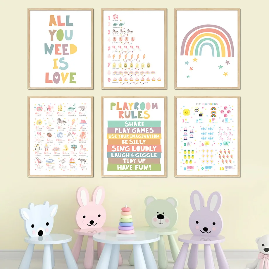 Alphabet Digital Table Rainbow Nursery Cartoon Wall Art Canvas Painting Nordic Posters And Prints Pictures Child Room Home Decor | Дом и сад