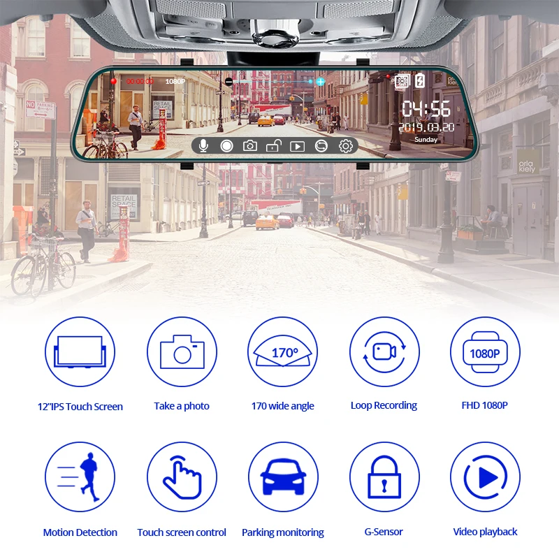 E-ACE A39 12-дюймовый автомобильный видеорегистратор с сенсорным экраном зеркало заднего вида Full HD 1080P Dash cam автомобиля Камера задняя Камера циклическая запись видео Регистраторы